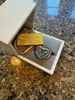 Invicta Angel Silver Ring with Turquoise Heart Dial and Crystal Halo